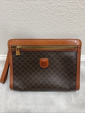 Celine Brown Canvas Wristlet with Tan Leather Trim and Gold Hardware